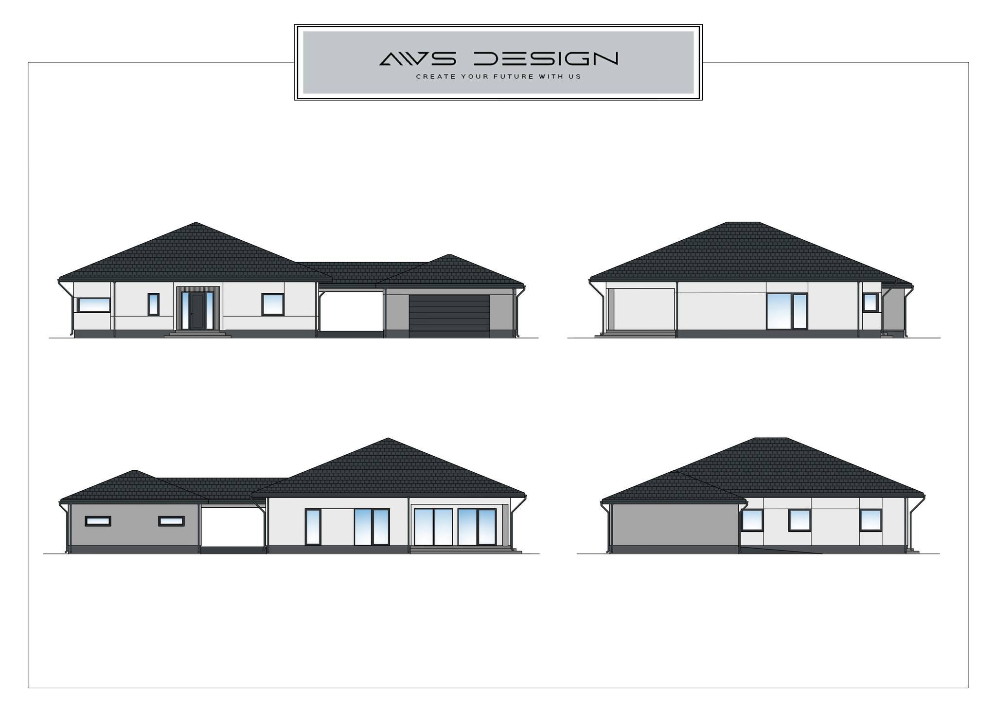 Rysunek czterech elewacji parterowego domu z garażem — dokumentacja AWS DESIGN
